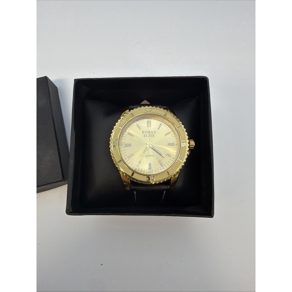Ethan Elite men's dress watch round gold-tone case and a black leather strap